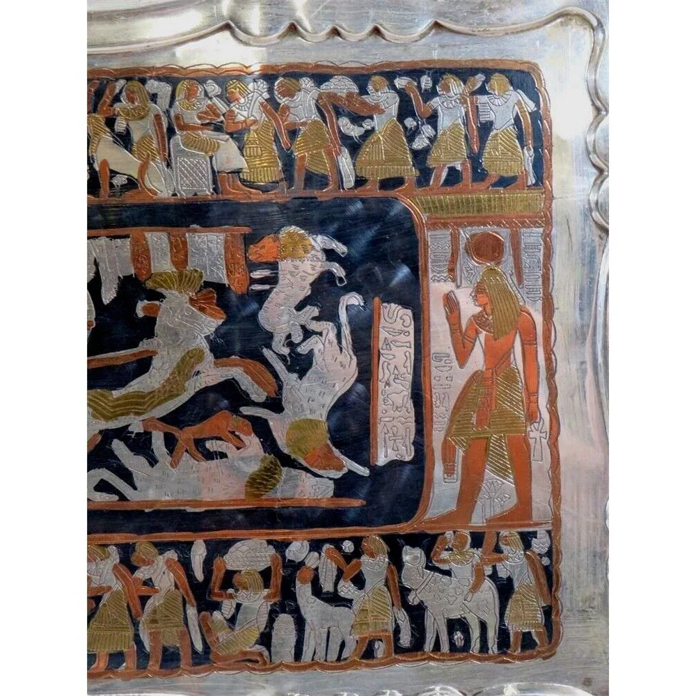 Vintage Egyptian Figural Horse Chariot Copper Silver Metal Serving Platter Tray - Picture 6 of 13
